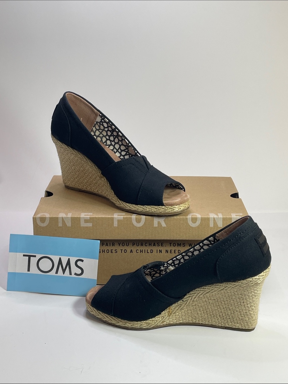TOMS Black Canvas Espadrille Wedge Peep-Toe Size 6